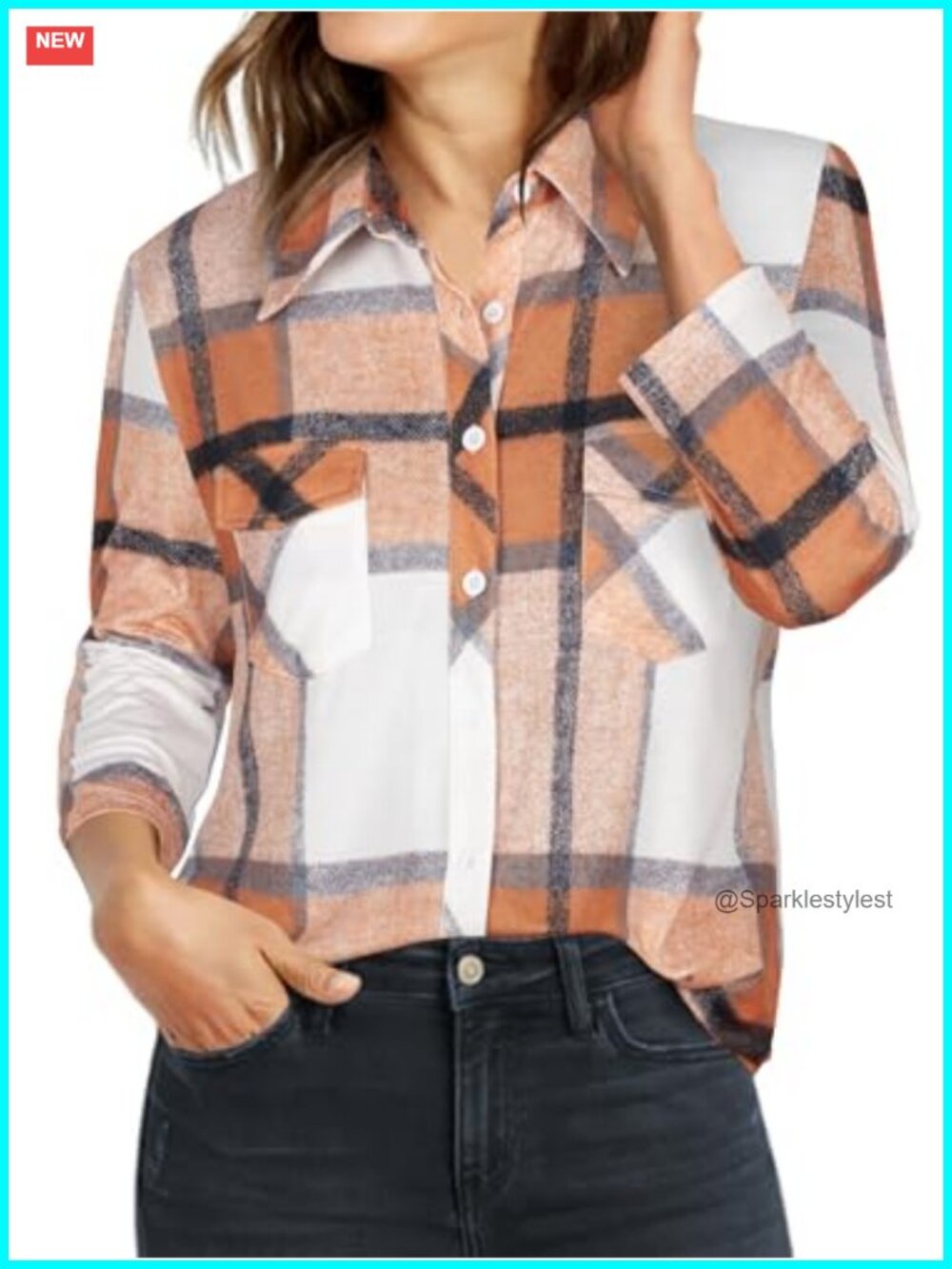 Button Down Plaid Tunic Blouse 3/4 Sleeve Collared Chest Pockets Office Work